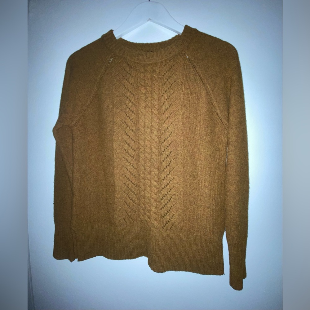 J. Crew Women's Wool Cable Knit Fisherman Mustard Brown Crewneck Sweater XS - Picture 3 of 11